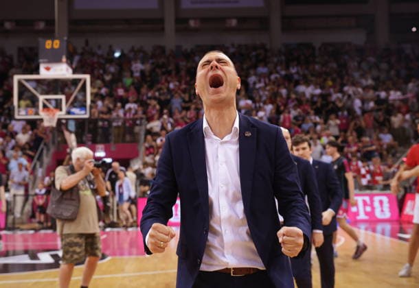Coach Marko Stankovic Telekom Baskets Bonn celebrating after victory against Fitness First Würzburg Wuerzburg Baskets Playoffs Quarterfinals Game 5 Season 2025 26