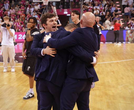 Coach Marko Stankovic and Team Telekom Baskets Bonn celebrate after victory against Fitness First Würzburg Wuerzburg Baskets Playoffs Quarterfinals Game 5 Season 2025 26