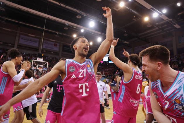 Joel Aminu Telekom Baskets Bonn celebrating after victory against Fitness First Würzburg Wuerzburg Baskets Playoffs Quarterfinals Game 5 Season 2025 26
