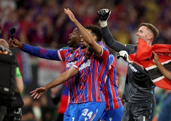 (Left to right) Jean-Philippe Mateta, Chadi Riad and Dean Henderson of Crystal Palace celebrate winning the UEFA Conference League Crystal Palace v Rayo Vallecano, UEFA Conference League, Final, Football, Red Bull Arena, Leipzig, Germany - 27 May 2026Leipzig Red Bull Arena Germany EDITORIAL USE ONLY No use with unauthorised audio, video, data, fixture lists, club league logos or live services. Online in-match use limited to 120 images, no video emulation. No use in betting, games or single club league player publications.  Copyright: xKieranxMcManus Shutterstockx 16898266dn