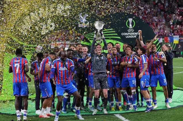 Crystal Palace Rayo Vallecano Final Conference League Leipzig, 27 05 2026, Leipzig Stadium, Football, Final UEFA Conference League , Crystal Palace ENG v Rayo Vallecano Madrid ESP 0 1 0 1 , CRYSTAL PALACE F C is winner of the UEFA Conference League 2026 , For editorial use only Only editorial use , UEFA regulations prohibit any use of photographs as image sequences and or quasi video , Picture Point