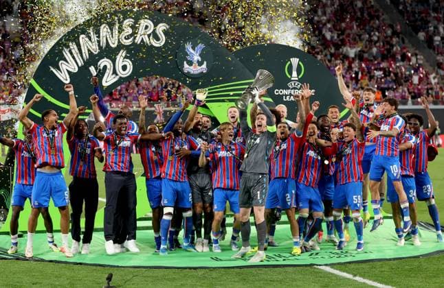 Crystal Palace celebrates with the trophy after winning the UEFA Conference League Crystal Palace v Rayo Vallecano, UEFA Conference League, Final, Football, Red Bull Arena, Leipzig, Germany - 27 May 2026Leipzig Red Bull Arena Germany EDITORIAL USE ONLY No use with unauthorised audio, video, data, fixture lists, club league logos or live services. Online in-match use limited to 120 images, no video emulation. No use in betting, games or single club league player publications.  Copyright: xKieranxMcManus Shutterstockx 16898266dx