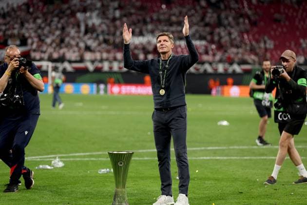 Oliver Glasner manager of Crystal Palace celebrates with the trophy after winning the UEFA Conference League Crystal Palace v Rayo Vallecano, UEFA Conference League, Final, Football, Red Bull Arena, Leipzig, Germany - 27 May 2026Leipzig Red Bull Arena Germany EDITORIAL USE ONLY No use with unauthorised audio, video, data, fixture lists, club league logos or live services. Online in-match use limited to 120 images, no video emulation. No use in betting, games or single club league player publications. Copyright: xKieranxMcManus Shutterstockx 16898266er