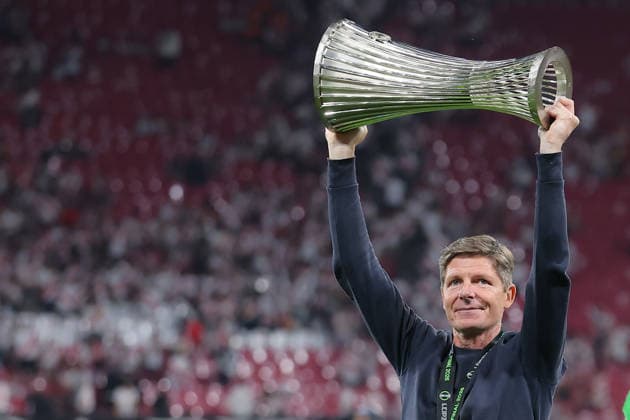 27 05 2026, xtgx, Football UEFA Conference League Final 2026, Crystal Palace Rayo Vallecano v l jubilation, joy of winning the Conference League Coach Oliver Glasner Crystal Palace UEFA REGULATIONS PROHIBIT ANY USE OF PHOTOGRAPHS as IMAGE SEQUENCES and or QUASI VIDEO Red Bull Arena