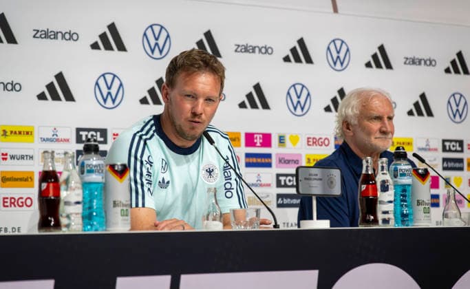 27 05 2026, Football DFB national team Germany, training camp before the World Cup, kick-off press conference in the HALFTIME media center at ADIDAS, in Herzogenaurach from left to right national coach Julian Nagelsmann Germany , sports director Rudi Völler Germany ,