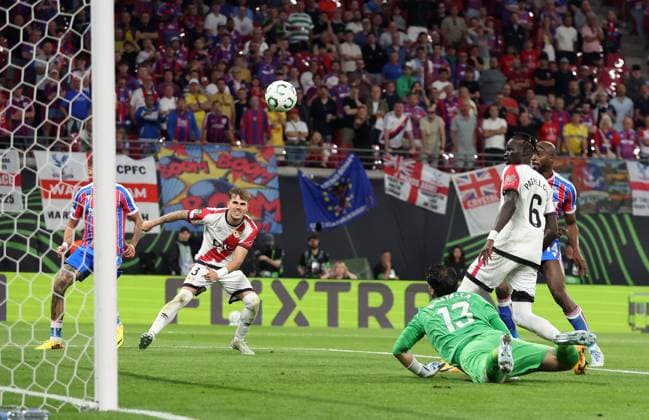 Jean-Philippe Mateta of Crystal Palace scores a goal to make the score 1-0 Crystal Palace v Rayo Vallecano, UEFA Conference League, Final, Football, Red Bull Arena, Leipzig, Germany - 27 May 2026Leipzig Red Bull Arena Germany EDITORIAL USE ONLY No use with unauthorised audio, video, data, fixture lists, club league logos or live services. Online in-match use limited to 120 images, no video emulation. No use in betting, games or single club league player publications.  Copyright: xKieranxMcManus Shutterstockx 16898266fh
