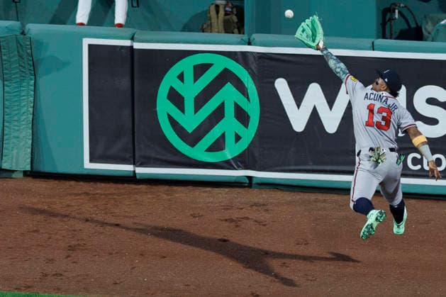 Atlanta Braves right fielder Ronald Acuna Jr. makes a catch during the fifth inning against the Boston Red Sox at Fenway Park in Boston, Massachusetts on Wednesday, May 27, 2026. BOP20260527015 CJxGUNTHER