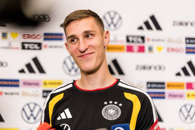 HERZOGENAURACH, GERMANY - MAY 28: Nico Schlotterbeck (Germany, 15) smiles during a media session during the training camp of Germany to prepare for the FIFA World Cup, WM, Weltmeisterschaft, Fussball 2026 on May 28, 2026 in Herzogenaurach, Germany. Bavaria Germany Copyright: xSteffiexWunderlx