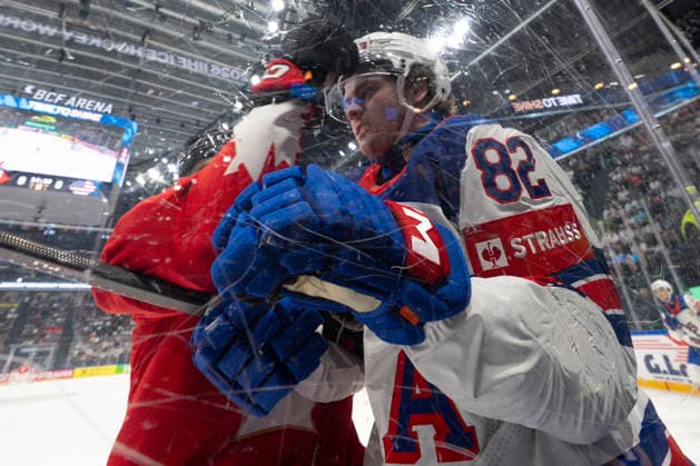 FRIBOURG, SWITZERLAND MAY 28 Danny Nelson of United States during the 2026 IIHF Ice Hockey World Championship Switzerland game between Canada and USA at BCF Arena on May 28, 2026 in Fribourg, Fribourg Fribourg BCF Arena Fribourg Switzerland Copyright: xJustPictures.ch JarixPestelaccix jp-en-EuSpIm-JP6_JAR_Canada_USA_28May2026_00033