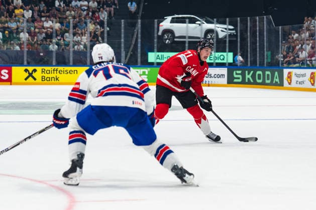 FRIBOURG, FRIBOURG - MAY 28: Macklin Celebrini of Canada scored during the 2026 IIHF World Championship, WM, Weltmeisterschaft quarterfinal match between Canada and the United States at BCF Arena on May 28, 2026 in Fribourg, Fribourg, Switzerland. Copyright: xLivioxBaeriswylx xSPPx Sportspressphoto_SPR156128