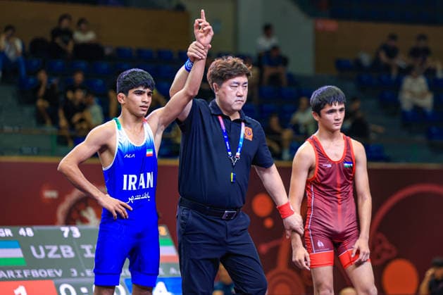 U17 Wrestling Asian Championships 48kg GR Ali Morteza Esmaeili Leivesi IRI df Javokhir Sharifboev UZB Copyright: xAmirrezaxAliasgarix xUnitedxWorlx Kadir Caliskan United World Wr