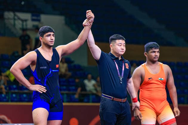 U17 Wrestling Asian Championships 92kg GR Khasan Barzanievich Gasanov KGZ df Hanamanth Vittal Kempannavar IND Copyright: xAmirrezaxAliasgarix xUnitedxWorlx Kadir Caliskan United World Wr
