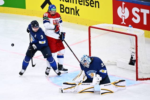 From left Olli Maatta of Finland, Daniel Vozenilek of Czech Republic and goalkeeper Justus Annunen of Finland in action during the quarterfinal match Finland vs Czech Republic at the 2026 IIHF Ice hockey, Eishockey World Championship, WM, Weltmeisterschaft on May 28, 2026, Zurich, Switzerland. (CTKxPhoto RadekxPetrasek) CTKPhotoP2026052807223  CTKPhotoP2026052807223