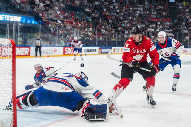 FRIBOURG, FRIBOURG - MAY 28: Porter Martone of Canada attempts a shot during the 2026 IIHF World Championship, WM, Weltmeisterschaft quarterfinal match between Canada and the United States at BCF Arena on May 28, 2026 in Fribourg, Fribourg, Switzerland. Copyright: xLivioxBaeriswylx xSPPx Sportspressphoto_SPR156197