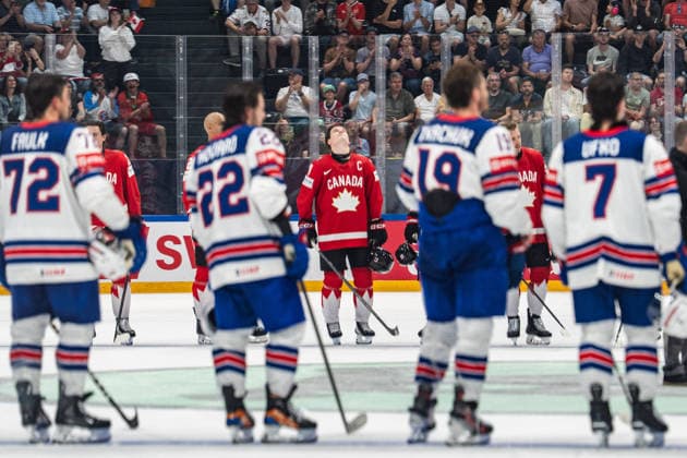 FRIBOURG, FRIBOURG - MAY 28: Macklin Celebrini of Canada reacts following the victory during the 2026 IIHF World Championship, WM, Weltmeisterschaft quarterfinal match between Canada and the United States at BCF Arena on May 28, 2026 in Fribourg, Fribourg, Switzerland. Copyright: xLivioxBaeriswylx xSPPx Sportspressphoto_SPR156199