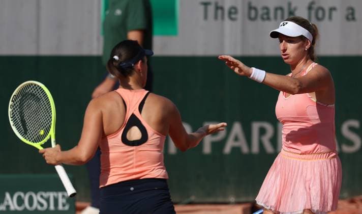 Slovenian Andreja Klepac and Belgian Magali Kempen pictured during a doubles tennis match between Belgian-Slovenian pair Kempen-Klepac and US-Italian pair Muhammad-Stollar, in the first round of the women s doubles at the Roland Garros French Open tennis tournament, in Paris, France, Thursday 28 May 2026. This year s tournament takes place from 18 May to 07 June. VIRGINIExLEFOUR  x175319519x