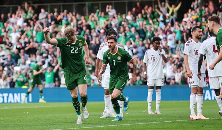 International Friendly, Länderspiel, Nationalmannschaft Aviva Stadium, Dublin 28 5 2026 Republic of Ireland vs Qatar Ireland™s Nathan Collins celebrates scoring his sides first goal Nathan Collins celebrates scoring his sides first goal 28 5 2026  Copyright: x INPHO RyanxByrnex RB2_8036