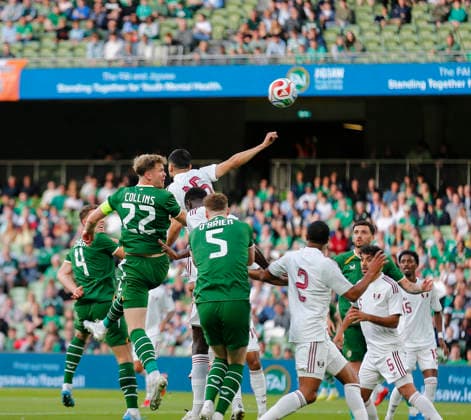RECORD DATE NOT STATED 28th May 2026; Aviva Stadium, Dublin, Ireland; International Friendly, Länderspiel, Nationalmannschaft Football, Republic of Ireland versus Qatar; Nathan Collins of Ireland heads the ball past Mahoound Abunada of Qatar in the 4th minute 1 - 0 PeterxFitzpatrick