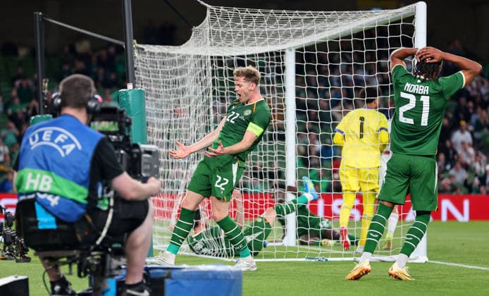 International Friendly, Länderspiel, Nationalmannschaft Aviva Stadium, Dublin 28 5 2026 Republic of Ireland vs Qatar Ireland s Nathan Collins reacts to a missed chance Nathan Collins reacts to a missed chance 28 5 2026  Copyright: x INPHO RyanxByrnex RB2_9429