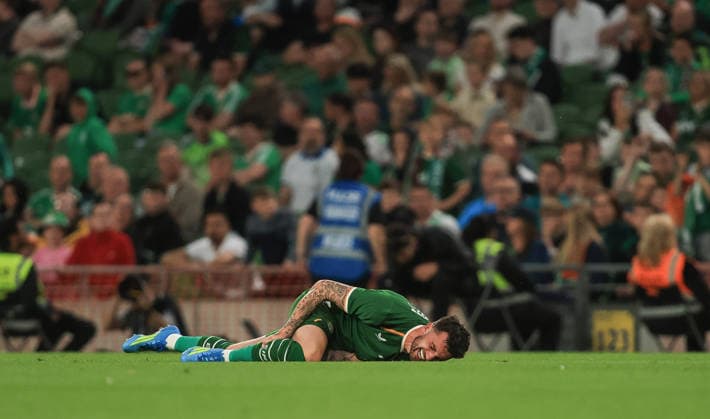International Friendly, Länderspiel, Nationalmannschaft Aviva Stadium, Dublin 28 5 2026 Republic of Ireland vs Qatar Ireland s Troy Parrott down with an injury Troy Parrott down with an injury 28 5 2026  Copyright: x INPHO BryanxKeanex BK1_1832