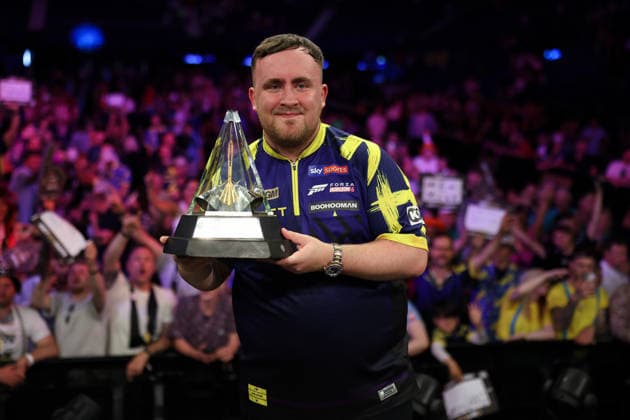 RECORD DATE NOT STATED 28th May 2026, The 02 Arena, London, England; 2026 PDC Bet MGM Premier League Darts Final; Luke Littler poses with the trophy after winning the final against Luke Humphries HenningxvonxJagow