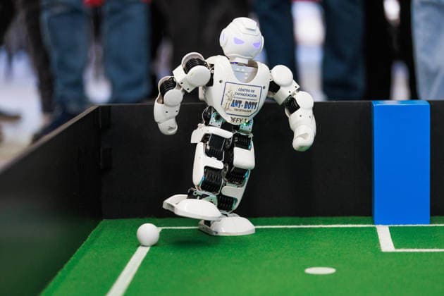 Futbots MX robotic football tournament in Mexico City MEXICO CITY, MEXICO - MAY 28: A robot kicks the ball during an exhibition as part of the Futbots MX robotic tournament, at the School of Mechanical and Electrical Engineering (ESIME), in Mexico City, Mexico on May 28, 2026. ESIME hosted a regional qualifying round for the national Futbot MX Robotics Cup, a tabletop robotics competition where participants control robots in simulated football matches as part of World Cup year activities. Daniel Cardenas Anadolu Mexico City Mexico. Editorial use only. Please get in touch for any other usage.  Copyright: x2026xAnadoluxDanielxCardenasx