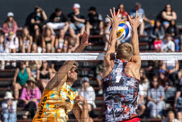 L-R Yorick de Groot (NDL) and Matyas Dzavoronok (CZE) during the match Matyas Dzavoronok and Jakub Sepka From Czech Republic vs Steven van de Velde and Yorick de Groot of Netherlands at the Pro Tour, Beach volleyball, Beachvolleyball tournament of Elite category, Ostrava, Czech Republic, May 29, 2026. (CTKxPhoto VladimirxPrycek) CTKPhotoP2026052902443  CTKPhotoP2026052902443