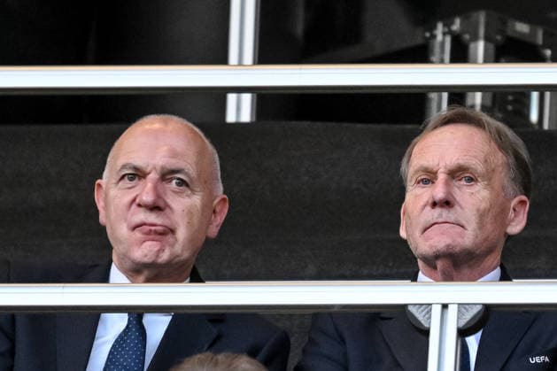 DFB President Bernd Neuendorf and Hans Joachim Watzke Looks on during the UEFA Conference League Final 2026 match between Crystal Palace FC and Rayo Vallecano de Madrid at Football Arena Leipzig on May 27, 2026 in Leipzig, Germany Photo by Harry Langer DeFodi Images