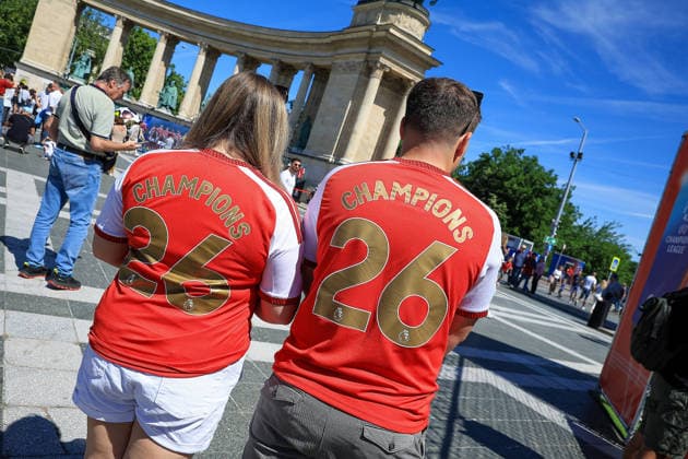 Arsenal Paris Saint Germain Fan Park Arsenal Fans ahead of the Champions League Final between Arsenal and Paris Saint Germain at Heroes Square, Budapest, Hungary on 29 May 2026. Budapest Heroes Square Hungary Editorial use only , Copyright: xChrisxFoxwellx PSI-24346-0010