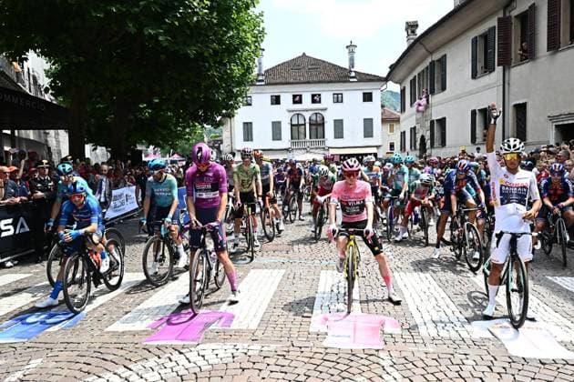 May 29, 2026, Feltre, ITALY: Italian rider Giulio Ciccone of Lidl Trek team wearing the best climber s blue jersey, french Paul Magnier of Soudal Quick-Step Team wearing the points classification leader s cyclamen jersey, danish rider Jonas Vingegaard Hansen .of Team Visma Lease A Bike wearing the overall leader s pink jersey, Afonso Eulalio of Bahrain Victorious wearing the best young rider s white jersey, waiting to the start for the 19th stage of the 109 Giro d Italia 2026, over 151 km from Feltre to Alleghe, Italy, 29 may 2026. ANSA LUCA ZENNARO8. Giro D Italia Cycling Tour - Stage 19 - ZUMAa110 20260529_zaf_a110_013 Copyright: xLucaxZennarox