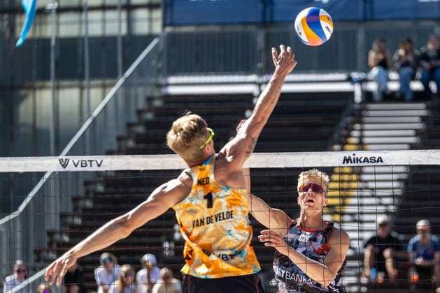 L-R Steven van de Velde (NDL) and Matyas Dzavoronok (CZE) during the match Matyas Dzavoronok and Jakub Sepka From Czech Republic vs Steven van de Velde and Yorick de Groot of Netherlands at the Pro Tour, Beach volleyball, Beachvolleyball tournament of Elite category, Ostrava, Czech Republic, May 29, 2026. (CTKxPhoto VladimirxPrycek) CTKPhotoP2026052904048  CTKPhotoP2026052904048