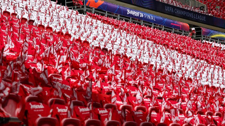 Paris Saint-Germain, Open Training Session Ground View of The Puskas ArÃ na with the Arsenal area draped in shirts and scarfs ahead of the open training session for Paris Saint-Germain ahead of the Champions League Cup Final at Puskas Arena Park, Budapest, Hungary on 29 May 2026. Budapest Puskas Arena Park Hungary Editorial use only , Copyright: xChrisxFoxwellx PSI-24345-0015