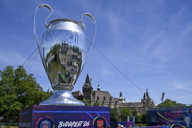 Ahead of the UEFA Champions League final in Budapest BUDAPEST, HUNGARY - MAY 29: The huge UEFA Champions League trophy is seen as English football club Arsenal and French side Paris Saint-Germain fans gather at the fan zone set up in the city center to spend time in experience areas ahead of the UEFA Champions League final match in Budapest, Hungary, on May 29, 2026. Halil Sagirkaya Anadolu Budapest Hungary. Editorial use only. Please get in touch for any other usage.  Copyright: x2026xAnadoluxHalilxSagirkayax