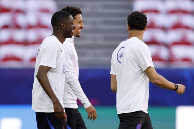 BUDAPEST - (l-r) Ousmane Dembele of Paris Saint-Germain, Marquinhos of Paris Saint-Germain, Achraf Hakimi of Paris Saint-Germain during the MD-1 training ahead of the UEFA Champions League final between Paris Saint-Germain and Arsenal FC at Puskas ArÃ na on May 29, 2026, Budapest, Hungary. MAURICE VAN STEEN ANP UEFA Champions League Final 2026 2025-2026 xVIxANPxSportx xMauricexvanxSteenxIVx 559600173 originalFilename: 559600173.jpg