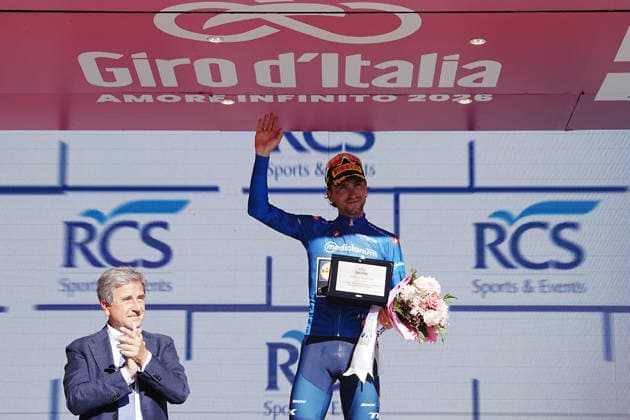 The blue jersey Italy™s Giulio Ciccone of Lidl-Trek Winner Cima Coppi Awards during Stage 19 of the Giro d™Italia from Feltre to Alleghe (Piani di Pezze ) Italy, Friday May 29, 2026  Copyright: xGianxMattiaxD Alberto LaPressex