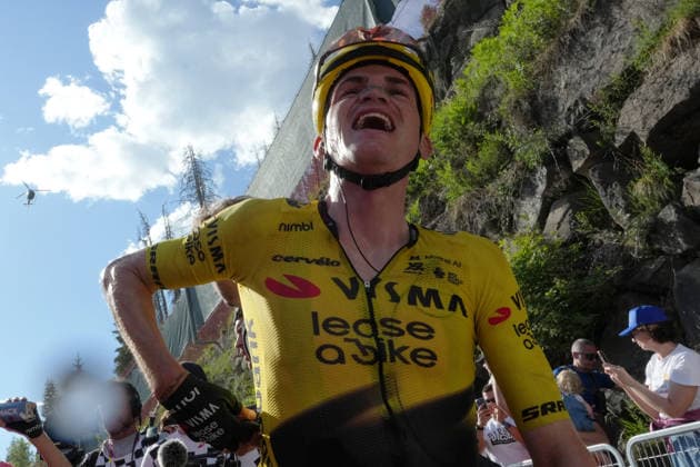 United States™ Sepp Kuss of Team Visma Lease A Bike react after win the stage 19 of the Giro d™Italia, from Feltre to Alleghe, Italy, Friday, May 29, 2026.  Copyright: xSimonexSpada LaPressex