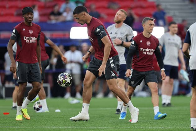 William Saliba of Arsenal trains at the Puskas Arena on 29 May 2026, on the eve of the UEFA Champions League 2025-26 Final soccer match between Paris Saint-Germain FC and Arsenal FC, in Budapest, Hungary. UEFA Champions League - Paris Saint-Germain FC v Arsenal FC