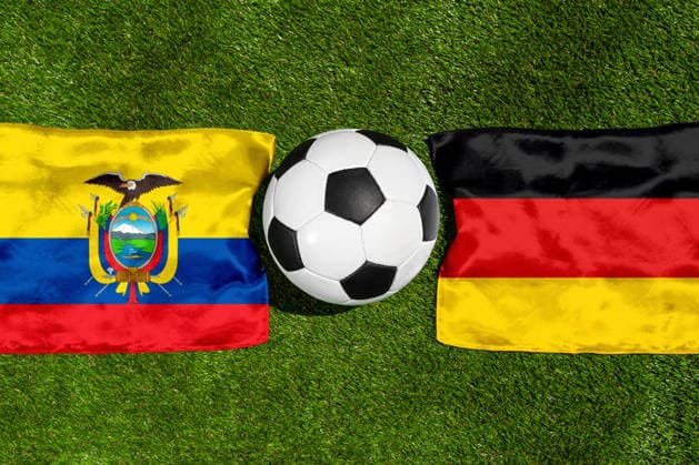 FOTOMONTAGE, Fußball-Weltmeisterschaft 2026: Nationalflaggen von Ecuador und Deutschland mit Fußball auf Rasen. Symbolbild zum WM-Gruppenspiel am 25 Juni bei der FIFA Fussball-Weltmeisterschaft 2026