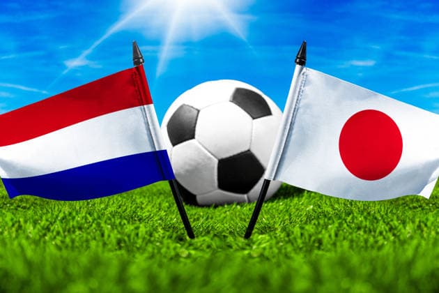FOTOMONTAGE, Fußball-Weltmeisterschaft 2026: Nationalflaggen von Niederlande und Japan mit Fußball auf Rasen. Symbolbild zum WM-Gruppenspiel am 14 Juni bei der FIFA Fussball-Weltmeisterschaft 2026