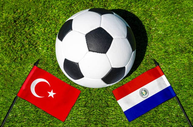 FOTOMONTAGE, Fußball-Weltmeisterschaft 2026: Nationalflaggen von Türkei und Niederlande mit Fußball auf Rasen. Symbolbild zum WM-Gruppenspiel am 20 Juni bei der FIFA Fussball-Weltmeisterschaft 2026