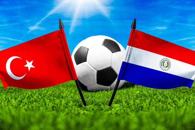 FOTOMONTAGE, Fußball-Weltmeisterschaft 2026: Nationalflaggen von Türkei und Niederlande mit Fußball auf Rasen. Symbolbild zum WM-Gruppenspiel am 20 Juni bei der FIFA Fussball-Weltmeisterschaft 2026