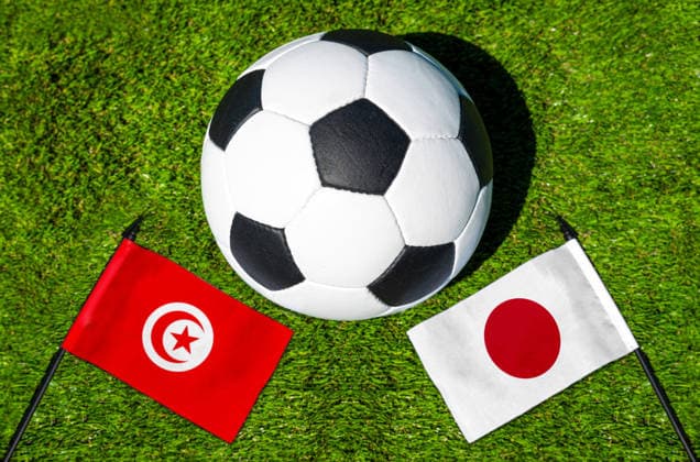FOTOMONTAGE, Fußball-Weltmeisterschaft 2026: Nationalflaggen von Tunesien und Japan mit Fußball auf Rasen. Symbolbild zum WM-Gruppenspiel am 21 Juni bei der FIFA Fussball-Weltmeisterschaft 2026