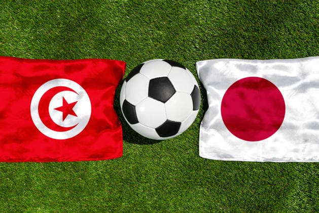 FOTOMONTAGE, Fußball-Weltmeisterschaft 2026: Nationalflaggen von Tunesien und Japan mit Fußball auf Rasen. Symbolbild zum WM-Gruppenspiel am 21 Juni bei der FIFA Fussball-Weltmeisterschaft 2026