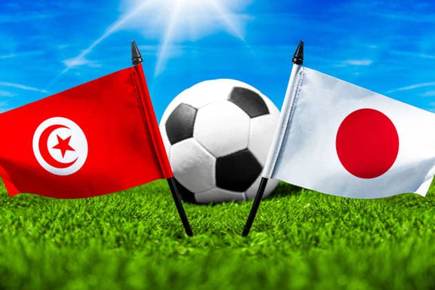 FOTOMONTAGE, Fußball-Weltmeisterschaft 2026: Nationalflaggen von Tunesien und Japan mit Fußball auf Rasen. Symbolbild zum WM-Gruppenspiel am 21 Juni bei der FIFA Fussball-Weltmeisterschaft 2026