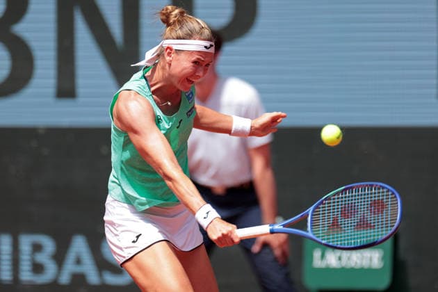RECORD DATE NOT STATED 29th May 2026; Roland Garros, Paris, France; 2026 French Open Tennis, Day 11; Marie Bouzkova (CZE) with a backhand touch against Mirra Andreeva JonxBromley