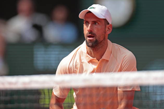 RECORD DATE NOT STATED 29th May 2026; Roland Garros, Paris, France; 2026 French Open Tennis, Day 11; Novak Djokovic (SRB) keeps his eye on the ball at the net against Joao Fonseca (BRA) JonxBromley