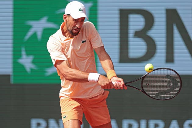 RECORD DATE NOT STATED 29th May 2026; Roland Garros, Paris, France; 2026 French Open Tennis, Day 11; Novak Djokovic (SRB) forehand against Joao Fonseca (BRA) JonxBromley