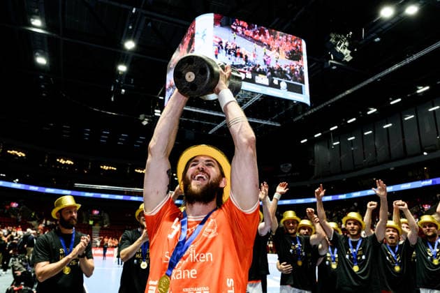 260529 IFK Kristianstads Anton Hallbäck celebrates with the trophy after winning the final four of the Mens Handball League between HK Malmö and IFK Kristianstad on May 29, 2026 in Malmö  Copyright: MATHILDAxSCHULER BB260529MA093