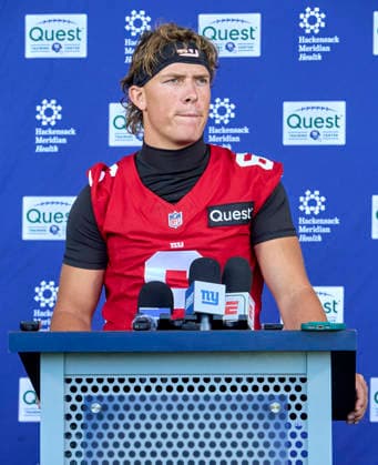 New York quarterback Jaxson Dart (6) address the media during organized team activities at the Quest Diagnostics Training Center in East Rutherford, New Jersey on Friday, May 29, 2026. CSM East Rutherford United States - ZUMAc04_ 20260529_zma_c04_046 Copyright: xDuncanxWilliamsx
