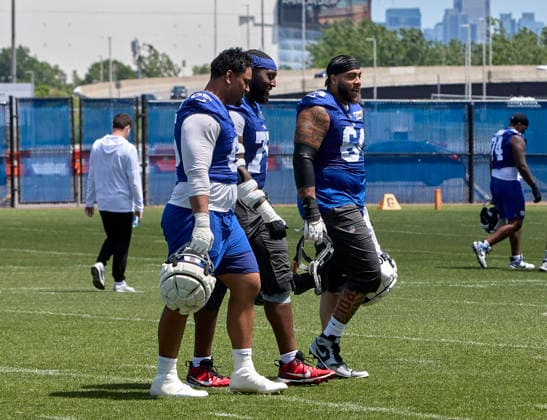 New York Giants offensive linemen (Ieft to right) Francis Ã’SisiO Mauigoa (65), Joshua Ezeudu (75) and Aaron Stinnie (64) walk to the lockers after organized team activities at the Quest Diagnostics Training Center in East Rutherford, New Jersey on Friday, May 29, 2026. CSM East Rutherford United States - ZUMAc04_ 20260529_zma_c04_047 Copyright: xDuncanxWilliamsx